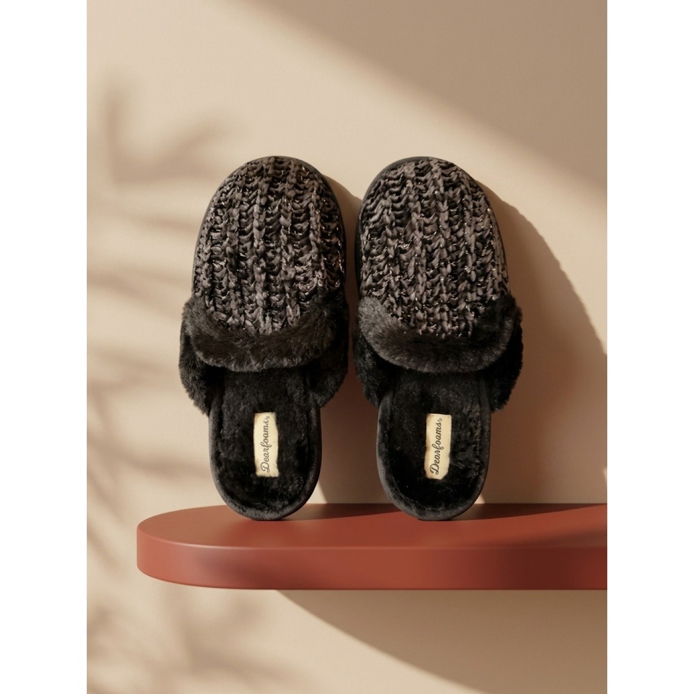 Dearfoams Slippers L 9-10 Black Knit Faux Fur Memory Foam Cozycore Hygge Gift